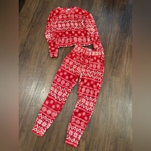 Pink Rose, Red and White Patterned Snowflake Fleece Set, size X-Small.
